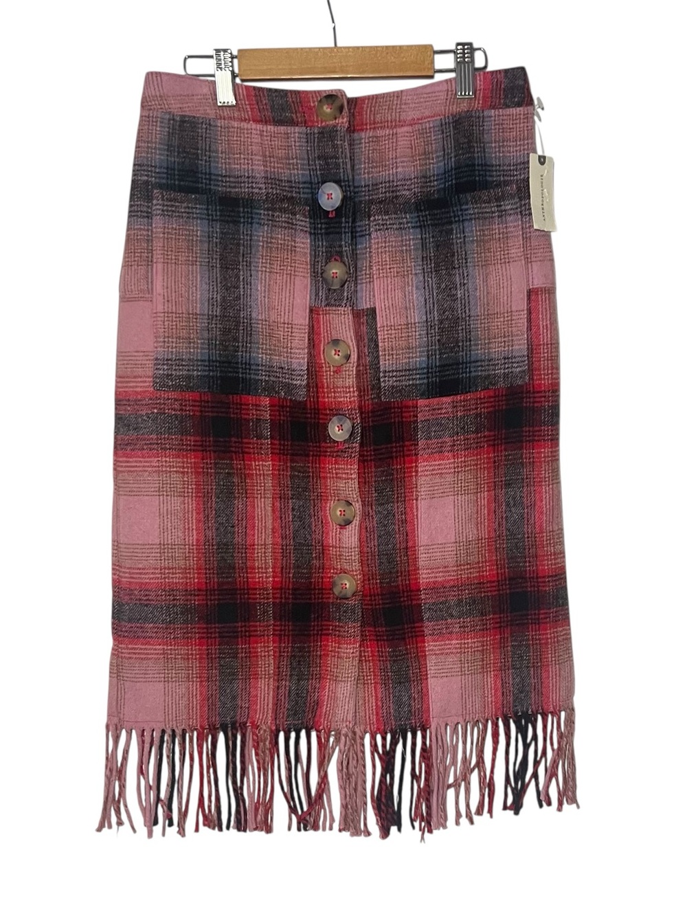 Anthropologie Pink and Red Plaid Button-Front Fringe Pencil Skirt